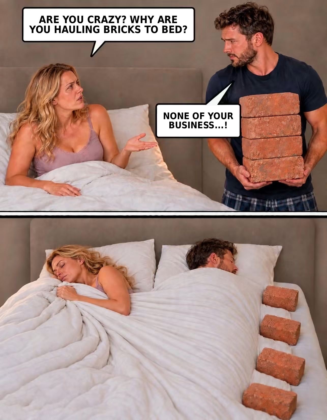 Bricks in Bed 1 Comic: Are you crazy? Why are you hauling bricks to bed? – None of your business! Later they sleep with the bricks lined up on his side of the bed