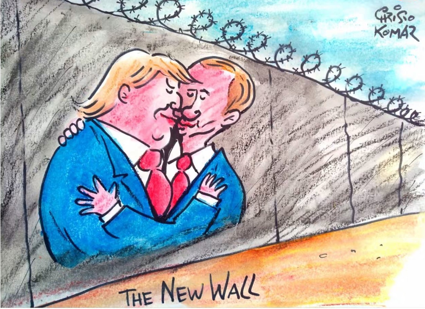 The New Wall 1 The New Wall, political cartoon by Christo Komarnitski from July 2017: Trump and Putin kissing in front of a wall topped with barbed wire